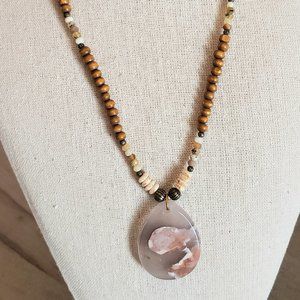 Wood Beaded Necklace with Neutral Glass Pendant